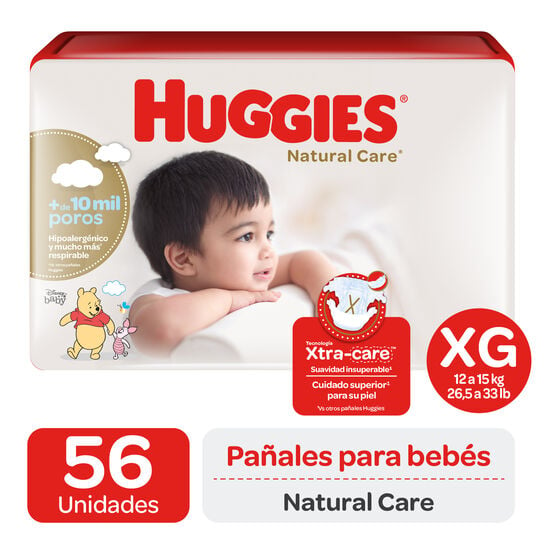 Pañales Huggies Natural Care Xtra Care Pack 56 Un (1 paq. x 56 un). Talla XG